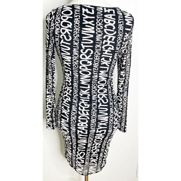 Iris Y2K Mini Bodycon Dress Black Gwen Stefani Alphabet All over Print Medium - Picture 2 of 4